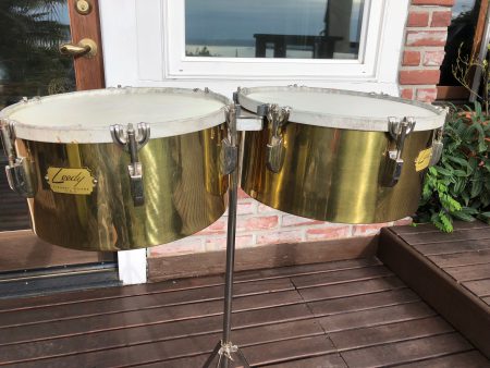 Leedy 1940s brass timbales with case and stand