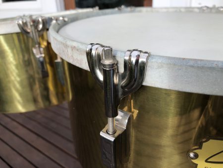 Leedy 1940s brass timbales with case and stand