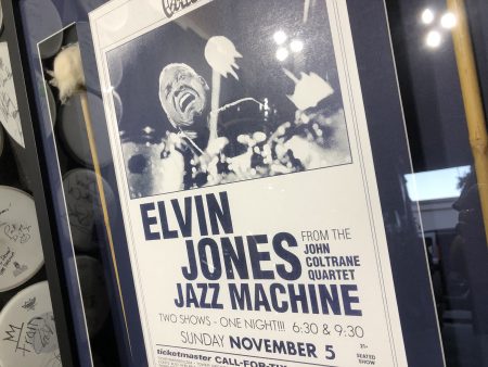 Elvin Jones' Framed mallets and gig poster